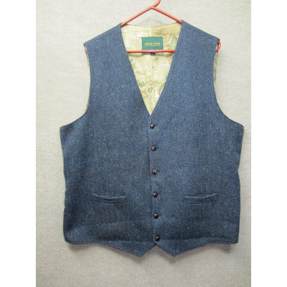 Celtic Gent Irish Heritage Green Herringbone Tweed Waistcoat Vest Mens 52R